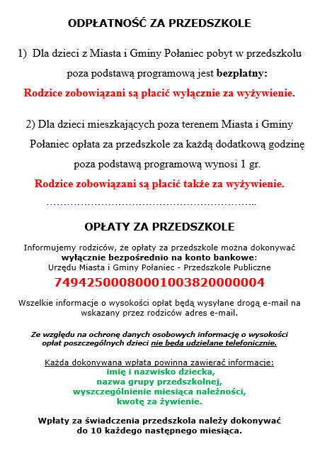 Ogłoszenie NOWE OPŁATY 1 o opłatach